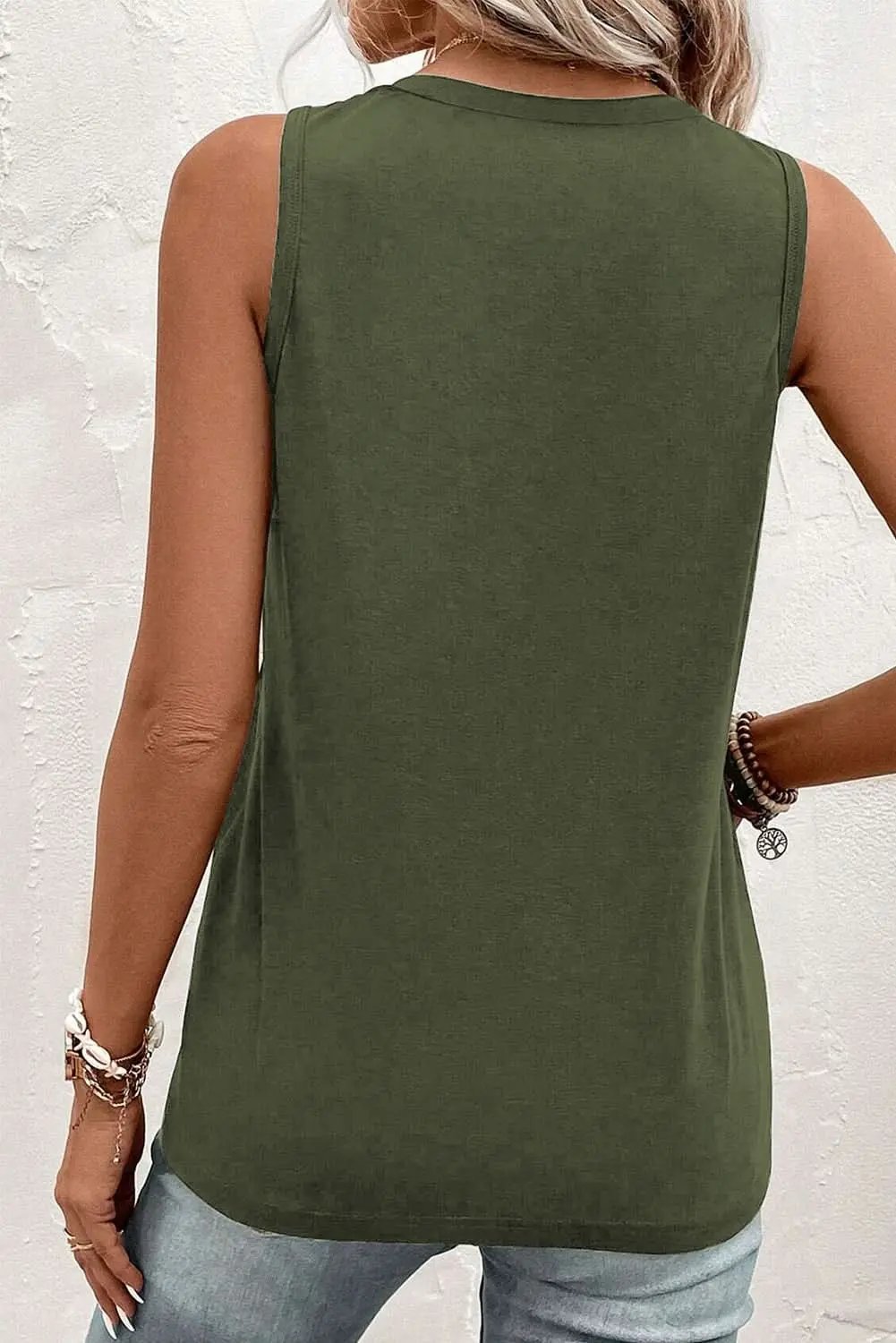 Jungle Green Half Button V Neck Patched Pocket Tank Top - Love Salve